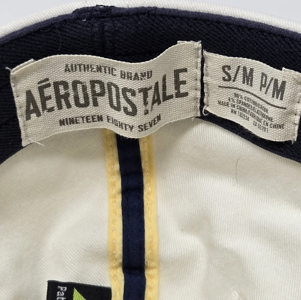 AEROPOSTALE WHITE COTTON BLEND DISTRESSED FITTED BASEBALL HAT CAP UNISEX SMALL/M